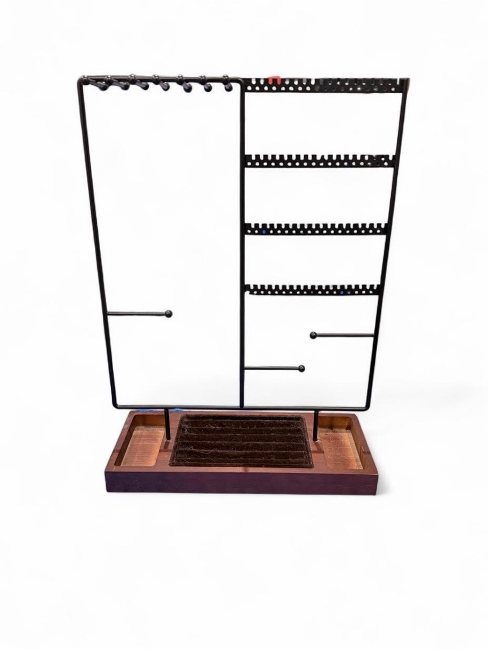 Black Metal Jewelry Organizer with Wood Tray - Elegant Earring & Accessory Stand
